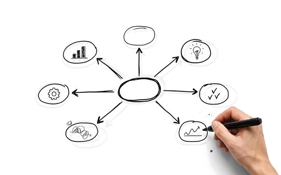 A hand drawing a mind map diagram with various business icons on white background