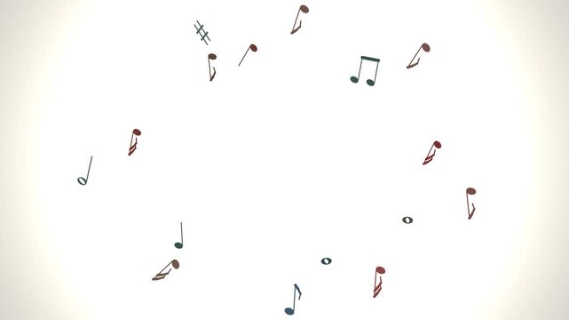 Abstract background with scattered colorful musical notes and symbols on a light textured surface