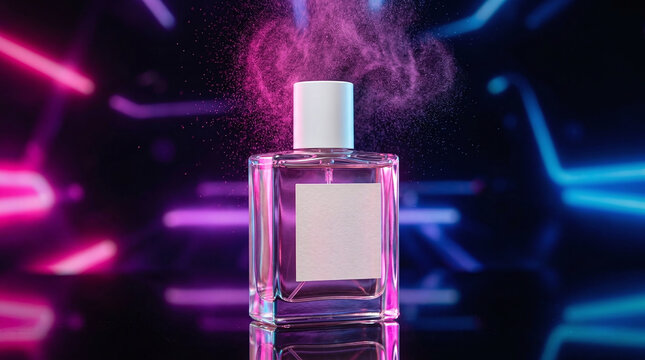 Perfume bottle surrounded by a cloud of purple powder against neon light