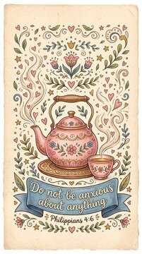 Cute hand-drawn Bible verse illustration, a pink teapot and teacup with steam forming small hearts, hand-lettered text "Do not be anxious about anything" and "Philippians 4:6" on a blue ribbon label