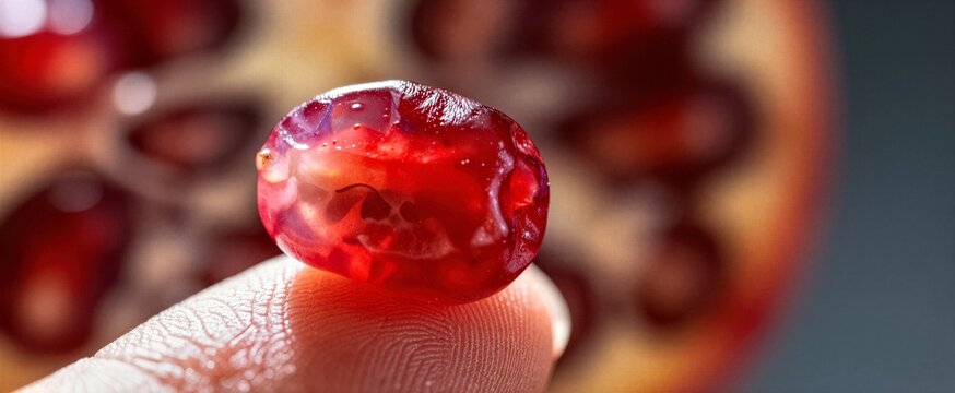 Close Of Human Finger Holding Single Pomegranate Seed Thumb Index In Sharp Focus Vibrant Red Hue With Translucent Qualities Allow Inner