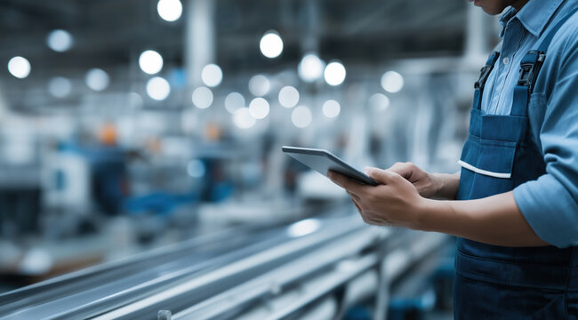Male operator holding digital tablet checks production data along automated assembly line inside modern manufacturing plant.
