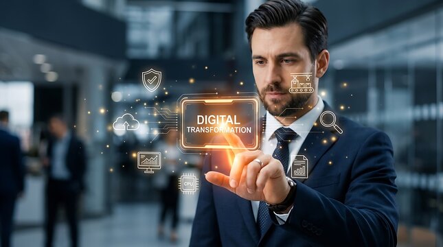 Professional businessman interacting with glowing digital transformation interface inside modern office environment during workday