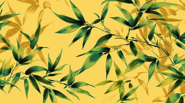 Seamless botanical pattern featuring green bamboo leaves on a yellow background for wallpaper and fabric design.   