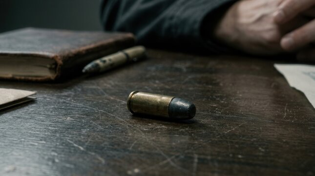 Close up of a single brass bullet casing and old book on a dark wooden desk suggesting a historical or crime related theme