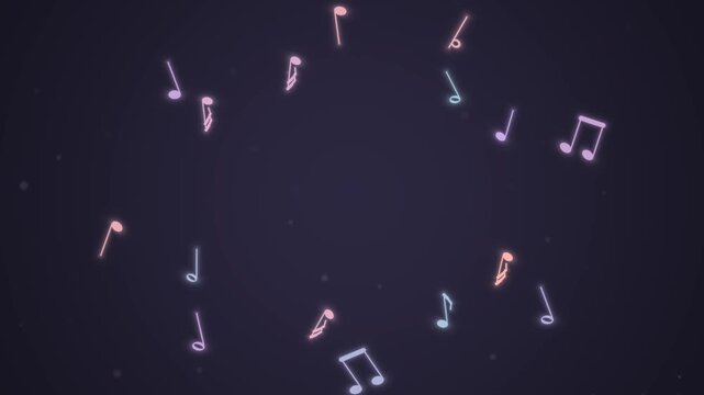 Neon musical notes and symbols floating on a dark purple background for music design concepts