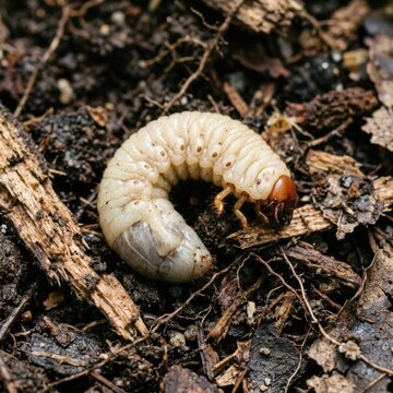 Close up of a grub larva curled in dark soil with wood debris macro shot of insect life cycle
