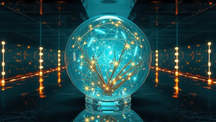 Fototapeta premium Glowing sphere contains complex network. Futuristic tunnel extends into darkness. Bright lights illuminate polished floor. Digital concept.