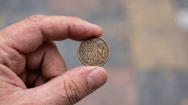 Hand holding ancient coin with intricate design, close-up