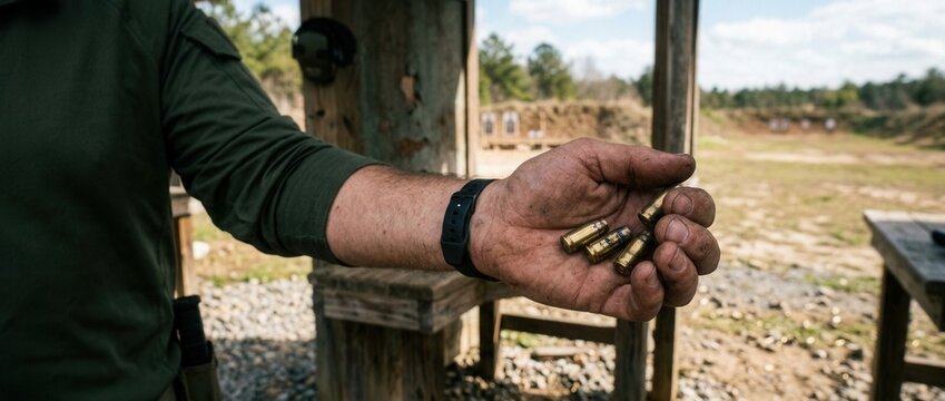 Close up of a persons dirty hand holding several rifle cartridges at an outdoor shooting range showing ammunition and gun sport