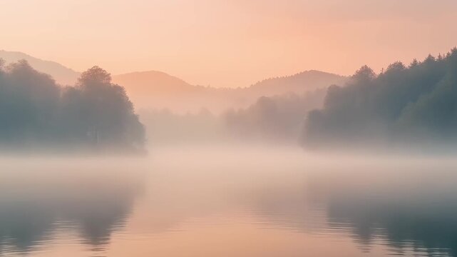 Ethereal sunrise over a calm misty lake surrounded by dense forest in early morning 4K Generative AI