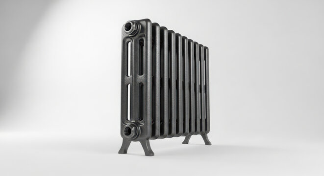 Vintage cast iron radiator featuring dark metallic finish and industrial design elements isolated on a plain white studio background surface