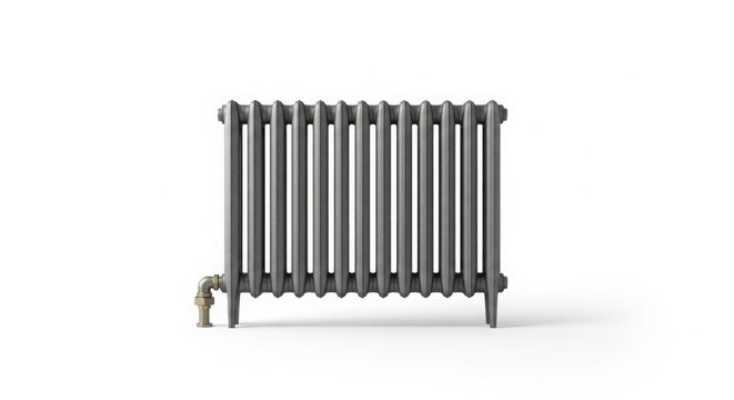 Vintage cast iron radiator featuring dark metallic texture isolated on plain white background for home heating and architectural interior design