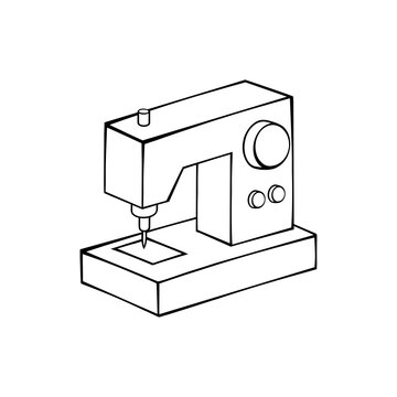 Black and white line art vector illustration of a modern electronic sewing machine for tailoring and crafting