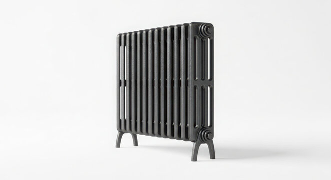 Vintage cast iron radiator featuring dark textured metal finish stands isolated against a clean bright white minimalist studio background setting