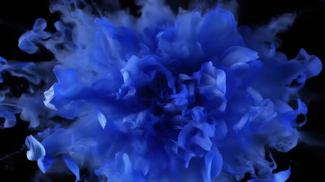 Vibrant blue ink dissolving in water creating an abstract floral blossom in dark liquid space 4K Generative AI