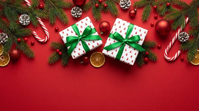 Two white christmas gift boxes with green ribbons on red background with fir branches and decorations