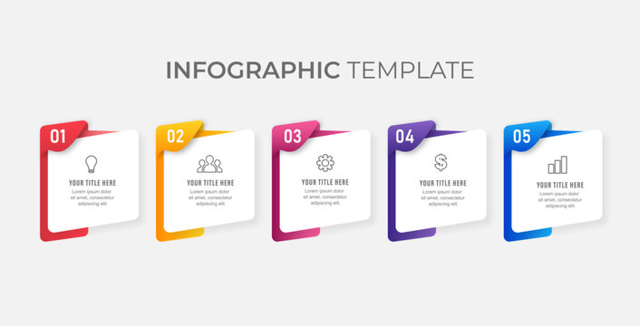 Colorful 5 options 3D folded ribbon card step by step process flowchart diagram vector graphic