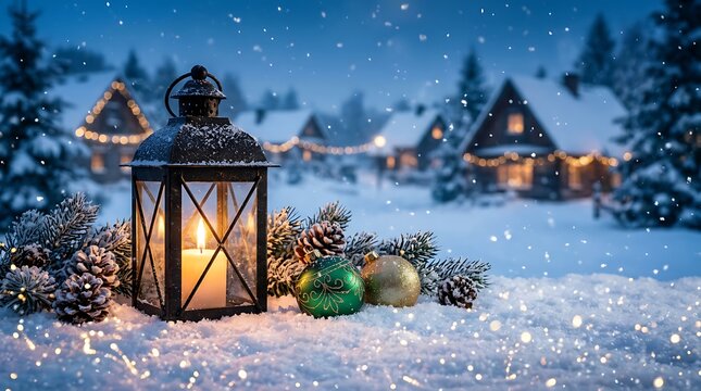 A glowing lantern and decorative baubles sitting on snowy ground during a beautiful winter evening with cozy houses in the background