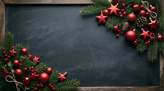 Christmas chalkboard background with red ornaments and fir tree branches for festive greeting card
