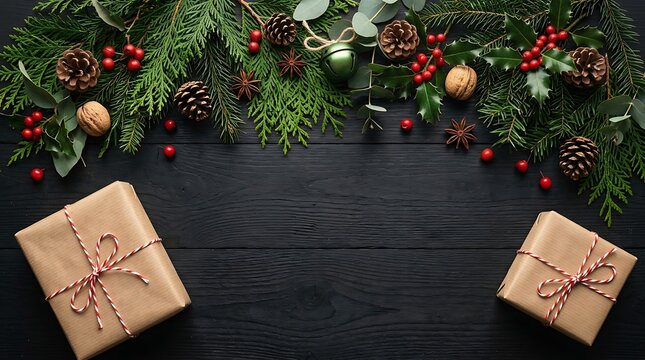 Christmas composition with pine branches pinecones and rustic wrapped gift boxes on a black wooden background