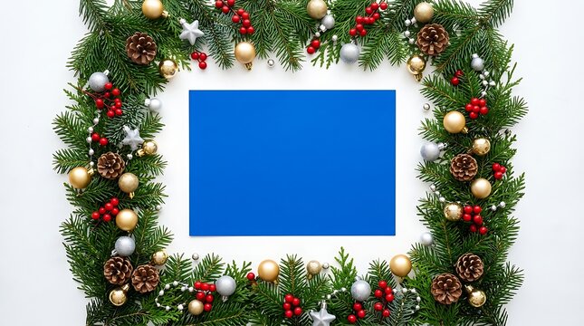 Christmas festive frame with pine branches gold ornaments and red berries surrounding a blue rectangular copy space background