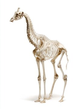 Full Skeleton Of A Giraffe Isolated On A Pure White Background For Scientific Research And Education