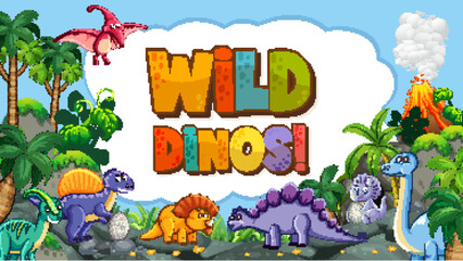Cartoon Dinosaurs in Prehistoric Jungle Landscape with Volcano © GraphicsRF