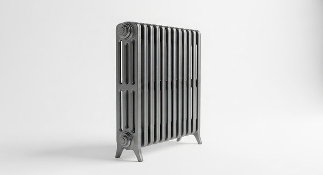 Vintage cast iron radiator featuring dark metallic texture standing upright against clean white studio background for modern interior design project