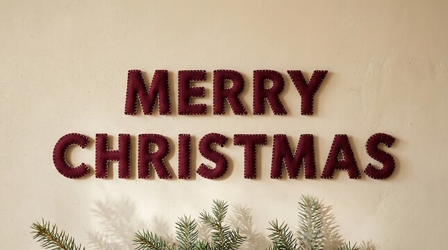 Handmade felt merry christmas letters mounted on a plain wall with pine branches underneath