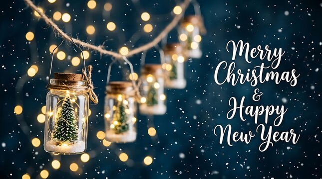 Merry Christmas and Happy New Year greeting card with miniature pine trees inside glass jars hanging on string lights