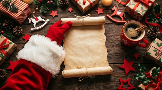 Santa Claus hands holding an empty parchment paper scroll on a festive wooden table with Christmas gifts and a cup of coffee