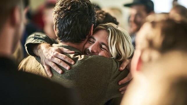 Close up shot of two men embracing warmly amidst a crowd in a joyful social gathering setting