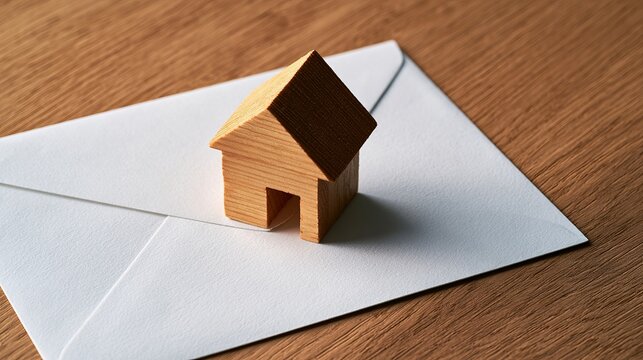 Wooden miniature house model resting upon a white envelope, symbolizing real estate, homeownership, and property investment