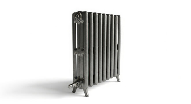 Vintage cast iron radiator heating unit featuring metallic grey textured finish isolated on a clean white background for interior design