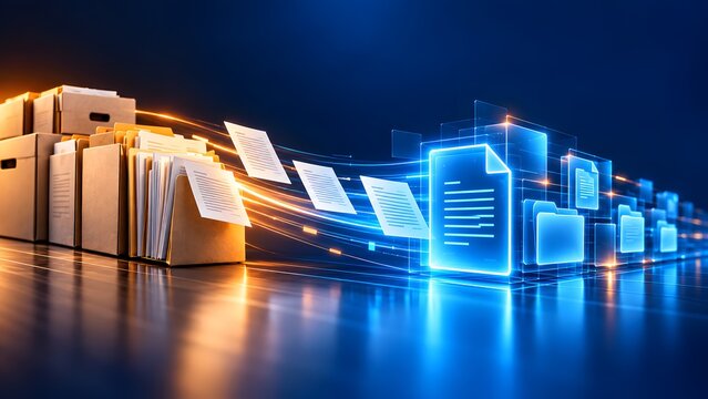 Physical archive boxes and files converting into glowing digital folders representing paperless office transformation and data digitization