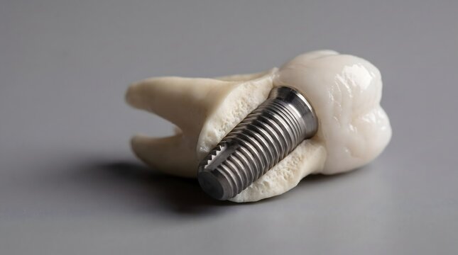 A dental implant model showing the titanium screw alongside a tooth on a neutral background.