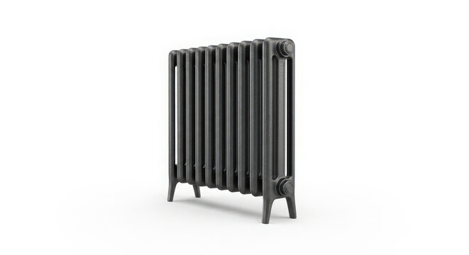Antique cast iron radiator standing isolated on a pure white background showcasing detailed metallic textures and classic Victorian design elements