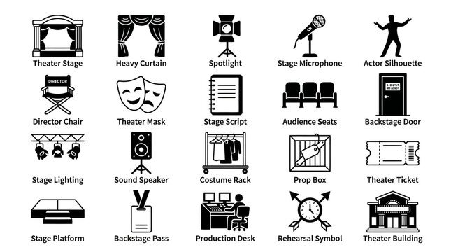 Theater stage and performing arts line icon set