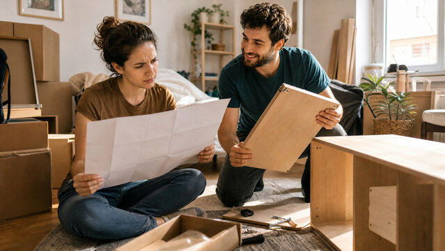 A young couple assembling wooden furniture together while reading instructions in their living room at home with project
