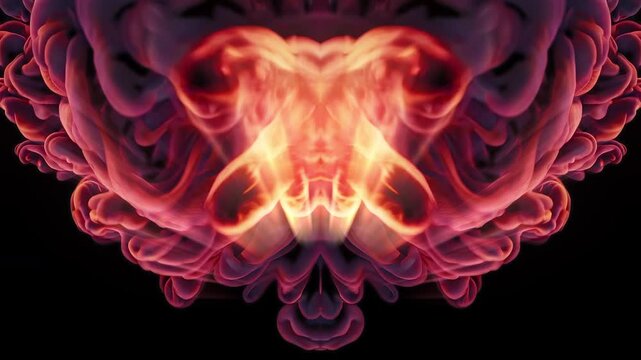 Hot glowing orange fume in symmetrical butterfly shape on black, seamless VJ loop for fire show, DJ stage and LED wall