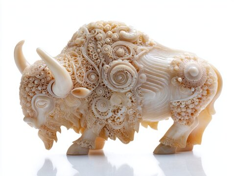 Intricate Carved Ivory Bison Sculpture With Ornate Geometric Patterns On A Clean White Background