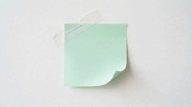 A detailed close up view of a single light teal colored sticky note attached to a plain white background with a corner gently peeling up