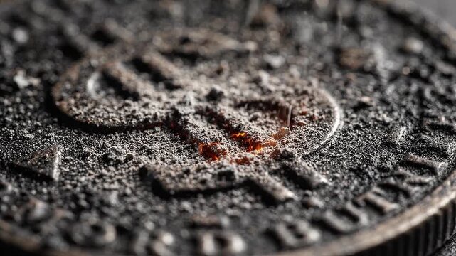 Dust-covered clock face with glowing embers flickering across the dial. Time passing and decay concept. Fire, ash and destruction. Macro detail of a weathered timepiece.