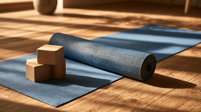 Blue yoga mat and wooden blocks arranged on a wooden floor, symbolizing wellness and mindful exercise routines