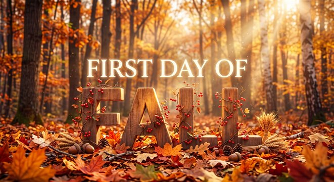 Wooden letters spelling out first day of fall surrounded by autumn leaves in a sunlit forest with bed colorful autumn spelling phrase large wooden