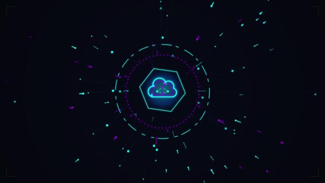 Neon blue cloud computing symbol glowing inside a digital interface with futuristic tech graphics and particle animations