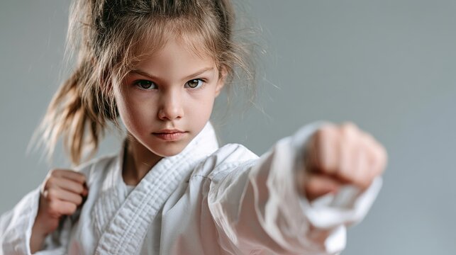 Focused young girl practicing martial arts with a determined expression, white uniform, demonstrating strength, fitness, and discipline