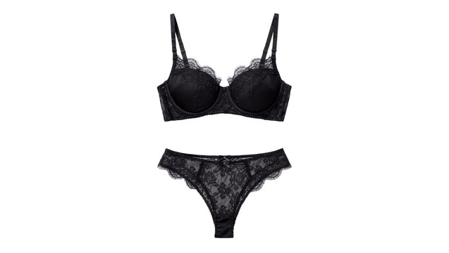 Black lace bra and thong set elegant lingerie, isolated on transparent background