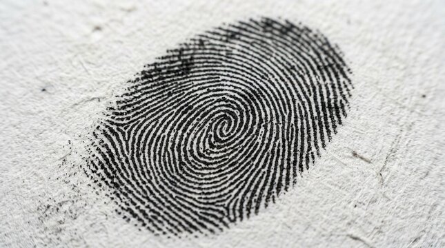 Close up macro shot of a black fingerprint pattern on textured white paper representing identity security and individuality